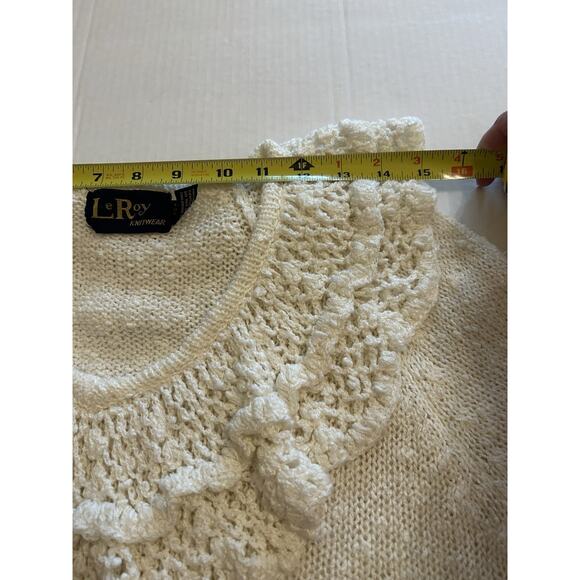 Vtg 80s LeRoy knitwear Ivory Sweater Sz Small Ruffle Crochet Cottagecore Frilly - Picture 10 of 13